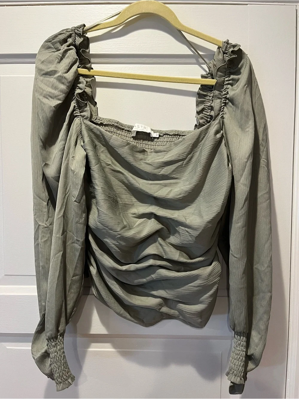 ASTR The Label Smocked Square-Neck Long Sleeve Top in Sage Green